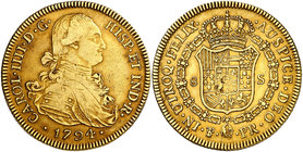 1794. Carlos IV. Potosí. PR. 8 escudos. (Cal. 101) (Cal.Onza 1093). 26,83 g. Mínimas hojitas en reverso. Precioso color. MBC/MBC+.