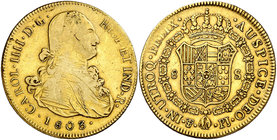 1803. Carlos IV. Potosí. PJ. 8 escudos. (Cal. 110) (Cal.Onza 1102). 26,87 g. Ex Colección Manuela Etcheverría. MBC-/MBC.
