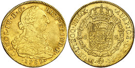 1789. Carlos IV. Santa Fe de Nuevo Reino. JJ. 8 escudos. (Cal. 116 var) (Cal.Onza 1112) (Restrepo 95-2). 26,91 g. Busto de Carlos III. Ordinal IV/III....