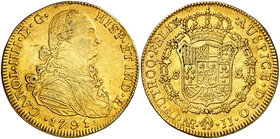 1791. Carlos IV. Santa Fe de Nuevo Reino. JJ. 8 escudos. (Cal. 120) (Cal.Onza 1119) (Restrepo 97-2a). 26,99 g. Primer año de busto propio. Sin punto e...
