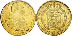 1794. Carlos IV. Santa Fe de Nuevo Reino. JJ. 8 escudos. (Cal. 124) (Cal.Onza 1125) (Restrepo 97-10a). 26,93 g. Dos puntos antes del ensayador. Leves ...