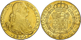1800/1799. Carlos IV. Santa Fe de Nuevo Reino. JJ. 8 escudos. (Cal. 130) (Cal.Onza 1133). 27,04 g. Atractiva. Parte de brillo original. EBC-.
