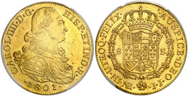 1801/0. Carlos IV. Santa Fe de Nuevo Reino. JJ. 8 escudos. (Cal. 132) (Cal.Onza 1135) (Restrepo 97-24). En cápsula de la PCGS como MS61, nº 230279-61/...