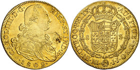 1802. Carlos IV. Santa Fe de Nuevo Reino. JJ. 8 escudos. (Cal. 135) (Cal.Onza 1138) (Restrepo 97-27). 27,14 g. Hoja en anverso. Precioso color. MBC+/E...