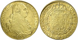 1805. Carlos IV. Santa Fe de Nuevo Reino. JJ. 8 escudos. (Cal. 141) (Cal.Onza 1144) (Restrepo 97-34). 26,77 g. Leves marquitas. Bonito color. Ex Áureo...