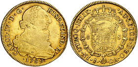 1789. Carlos IV. Santiago. DA. 8 escudos. (Cal. 146) (Cal.Onza 1151). 26,87 g. Busto de Carlos III. Ordinal IV. Escasa. MBC-/MBC.