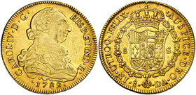 1789. Carlos IV. Santiago. DA. 8 escudos. (Cal. 146) (Cal.Onza 1151). 27 g. Busto de Carlos III. Ordinal IV. Leves marquitas. Bella. Precioso color. E...