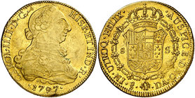 1797. Carlos IV. Santiago. DA. 8 escudos. (Cal. 156) (Cal.Onza 1161). 26,99 g. Leves hojitas y golpe en canto. Gran parte de brillo original. MBC+.