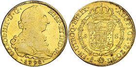1798. Carlos IV. Santiago. DA. 8 escudos. (Cal. 157) (Cal.Onza 1163). 26,89 g. Golpecitos y hojitas. MBC-/MBC.