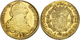 1799. Carlos IV. Santiago. DA. 8 escudos. (Cal. 158) (Cal.Onza 1164). 26,99 g. Bonito color. MBC/MBC+.