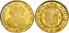 1800. Carlos IV. Santiago. JA. 8 escudos. (Cal. 160) (Cal.Onza 1166). 26,76 g. Único año de este ensayador. Leves rayitas. Parte de brillo original. E...