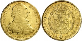 1801. Carlos IV. Santiago. AJ. 8 escudos. (Cal. 162) (Cal.Onza 1169). 26,97 g. Punto entre los ensayadores. Bella. Brillo original. Precioso color. Ex...