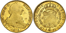 1805. Carlos IV. Santiago. FJ. 8 escudos. (Cal. 167) (Cal.Onza 1178). 26,81 g. Hojitas. Acuñación empastada. Parte de brillo original. MBC/MBC+.