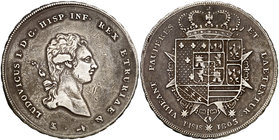 1803. Luis I, Infante de España. Pisa (Toscana). 1 francescone (10 paoli). (Vti. 11) (Kr. 42.2). 27 g. Ex Áureo 05/04/1995, nº 1007. Rara. MBC.