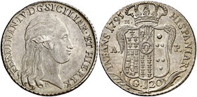 1795/¿3?. Fernando IV de Nápoles, Infante de España. Nápoles. P/M/A-P. 1 piastra/120 grana. (Vti. 297 var) (MIR. 373 var) (Dav. 1409 var) (Kr. 215 var...