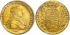 1768. Fernando IV de Nápoles, Infante de España. Nápoles. DeG/CC-R. 6 ducados. (Vti. 347) (MIR. 352/15). En cápsula de la PCGS como MS63, nº 343036.63...