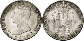 1810. José Napoleón. Madrid. AI. 20 reales. (Cal. 25). 26,87 g. Águila grande. Hojita. Ex Colección Manuela Etcheverría. EBC-/EBC.