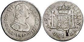 1810. Fernando VII. Guatemala. M. 1/2 real. (Cal. 1281). 1,62 g. Busto de Carlos IV. Ex Colección Manuela Etcheverría. Escasa. MBC.