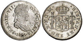 1821. Fernando VII. Guatemala. M. 1/2 real. (Cal. 1294). 1,72 g. Bellísima. Brillo original. Ex Colección Manuela Etcheverría. Escasa así. S/C.