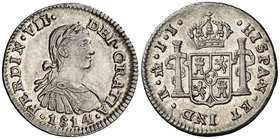 1814. Fernando VII. México. JJ. 1/2 real. (Cal. 1345). 1,69 g. Busto imaginario. Bella. Brillo original. Ex Áureo & Calicó 19/10/2017, nº 1801. Ex Col...