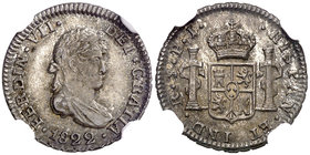 1822. Fernando VII. Potosí. J. 1/2 real. (Cal. 1375). En cápsula de la NGC como MS63, nº 4436279-001. Bella. Brillo original. S/C-.