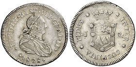 1808. Fernando VII. Guatemala. Proclamación con valor 1 real. (Cal. 1108) (Ha. 16). 3,31 g. FERDIN. Hojita. Parte de brillo original. Rara. MBC+.