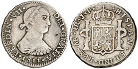 1811. Fernando VII. Lima. JP. 1 real. (Cal. 1129). 3,28 g. Busto indígena. Rara. MBC-/MBC.