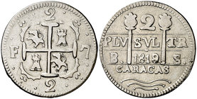 1819/8. Fernando VII. Caracas. BS. 2 reales. (Cal. 844 var). 5,29 g. Leones y castillos. Limpiada. Ex Colección Manuela Etcheverría. Rara. MBC/MBC+.