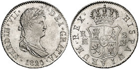 1820. Fernando VII. Madrid. GJ. 2 reales. (Cal. 922). 5,96 g. Bella. Brillo original. Ex Colección Manuela Etcheverría. Escasa así. EBC-.
