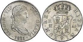 1831. Fernando VII. Madrid. AJ. 2 reales. (Cal. 934). 6 g. Leves rayitas. Ex Colección Manuela Etcheverría. EBC-/EBC.