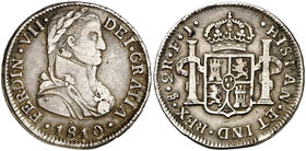 1810. Fernando VII. Santiago. FJ. 2 reales. (Cal. 1016). 6,36 g. Busto almirante. Ex Colección Manuela Etcheverría. Escasa. MBC+.