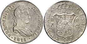 1811. Fernando VII. Cádiz. CI. 8 reales. (Cal. 371). 26,73 g. Rayitas. Ex Colección Manuela Etcheverría. MBC+/EBC-.