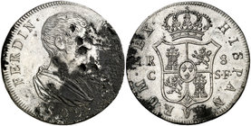 1809. Fernando VII. Catalunya (Reus). SF. 8 reales. (AN. 26, pág. 174 nº 1.3, mismo ejemplar). 21,74 g. Prueba en plomo plateado. Corrosiones. Rarísim...
