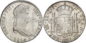 1816. Fernando VII. Lima. JP. 8 reales. (Cal. 484). 26,86 g. Plata mal batida. Parte de brillo original. Ex Colección Manuela Etcheverría. EBC-.