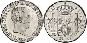 1822. Fernando VII. Madrid. SR. 20 reales. (Cal. 516). 26,76 g. Tipo "cabezón". Leves rayitas. Ex Colección Manuela Etcheverría. Escasa. EBC-.