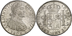 1808. Fernando VII. México. TH. 8 reales. (Cal. 537). 26,86 g. Busto imaginario. Plata agria. Parte de brillo original. Ex Colección Manuela Etcheverr...