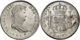 1817. Fernando VII. México. JJ. 8 reales. (Cal. 560). 26,89 g. Plata ligeramente agria. Parte de brillo original. Ex Colección Manuela Etcheverría. EB...