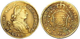 1812. Fernando VII. México. HJ. 1 escudo. (Cal. 297). 3,37 g. Busto imaginario. Pátina. Rara. MBC/MBC+.