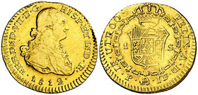 1812. Fernando VII. Popayán. JF. 1 escudo. (Cal. 310) (Restrepo 123-9). 3,38 g. Sirvió como joya. Escasa. (MBC-).