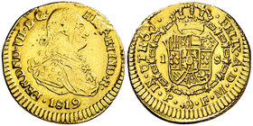 1819. Fernando VII. Popayán. FM. 1 escudo. (Cal. 319) (Restrepo 123-29a). 3,38 g. El 9 de la fecha, palo curvo. Restos de soldadura. Escasa. (MBC/MBC+...