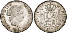 1868*1868. Isabel II. Madrid. 1 escudo. (Cal. 254). 12,90 g. Bella. Parte de brillo original. Ex Áureo & Calicó 05/07/2017, nº 539. Escasa así. EBC+....