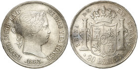 1863. Isabel II. Barcelona. 20 reales. (Cal. 157). 25,96 g. Bella. Parte de brillo original. Ex Colección Isabel de Trastámara 29/10/2015, nº 1216. Ra...