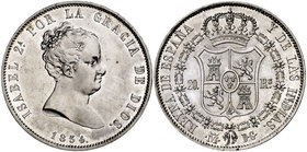 1834. Isabel II. Madrid. DG (Departamento de Grabado). 20 reales. (Cal. 158). 26,70 g. Bellísima. Brillo original. Sólo 10 ejemplares conocidos. Muy r...