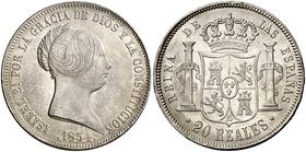 1854. Isabel II. Madrid. 20 reales. (Cal. 174). 25,79 g. Leves marquitas. Bella. Brillo original. Rara así. EBC/EBC+.
