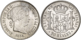 1856. Isabel II. Madrid. 20 reales. (Cal. 178). 25,77 g. Muy bella. Brillo original. Rara así. EBC+/S/C-.