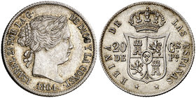 1864. Isabel II. Manila. 20 centavos. (Cal. 456). 5,24 g. Bella. Parte de brillo original. Precioso color. Ex Colección Bohol 08/11/2017, nº 1136. Muy...