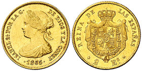 1865. Isabel II. Madrid. 2 escudos. (Cal. 122). 1,65 g. Parte de brillo original. Escasa. EBC-.
