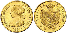 1866. Isabel II. Madrid. 4 escudos. (Cal. 109). 3,36 g. Golpecito. Brillo original. EBC.