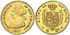 1867. Isabel II. Madrid. 4 escudos. (Cal. 111). 3,34 g. Bella. EBC/EBC+.