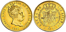 1840. Isabel II. Barcelona. PS. 80 reales. (Cal. 56). 6,74 g. Precioso color. Parte de brillo original. EBC-/EBC.